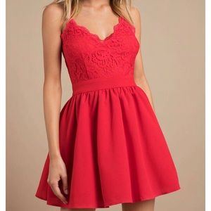 Mila red lace pleated skater dress (backless)